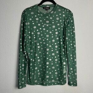 Marigold Kiss Mesh‎ Sheer Top Silver Snowflake Holiday Party Long Sleeve Size M